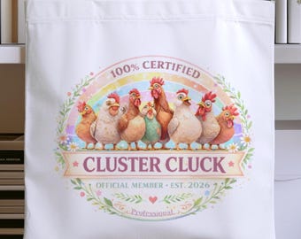 100% Certified Cluster Cluck Tote Bag Funny Chicken Deign Bag, Beach/Picnic Bag