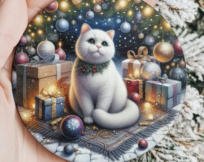 White Cat Christmas Ornament, Ceramic Double-Sided Print Decoration & Gift Bag