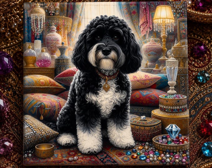 Black and White Cockapoo Coaster – Victorian Jewel Dog Art, Glossy Ceramic Gift