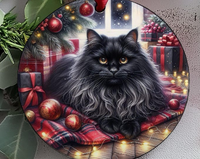 Black Cat Ceramic Christmas Tree Ornament, Double Sided Printed