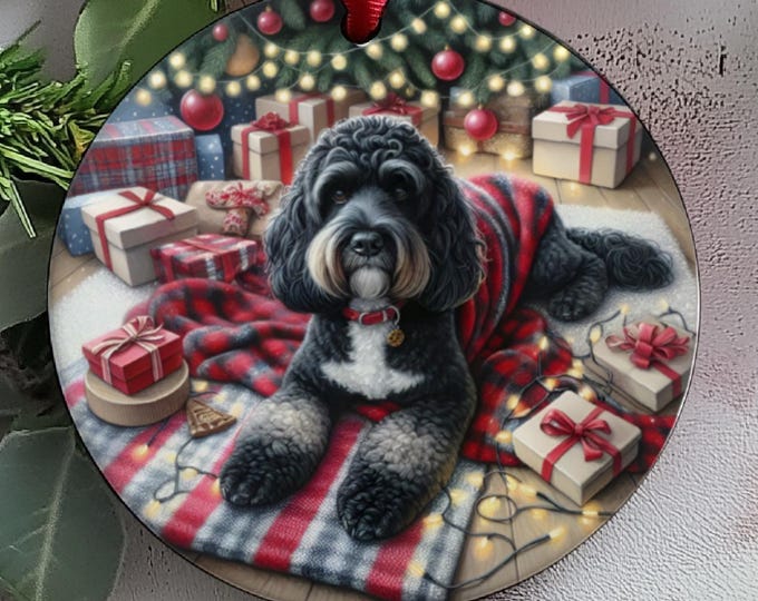Black and White Cockapoo Christmas Tree Ornament, Ceramic Double-Sided Printed