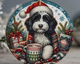 Black and White Cockapoo Christmas Tree Ornament, Ceramic Double-Sided Printed