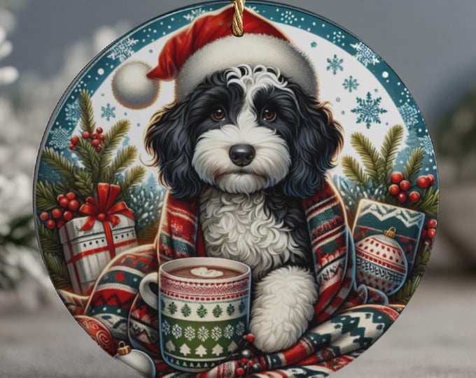 Black and White Cockapoo Christmas Tree Ornament, Ceramic Double-Sided Printed