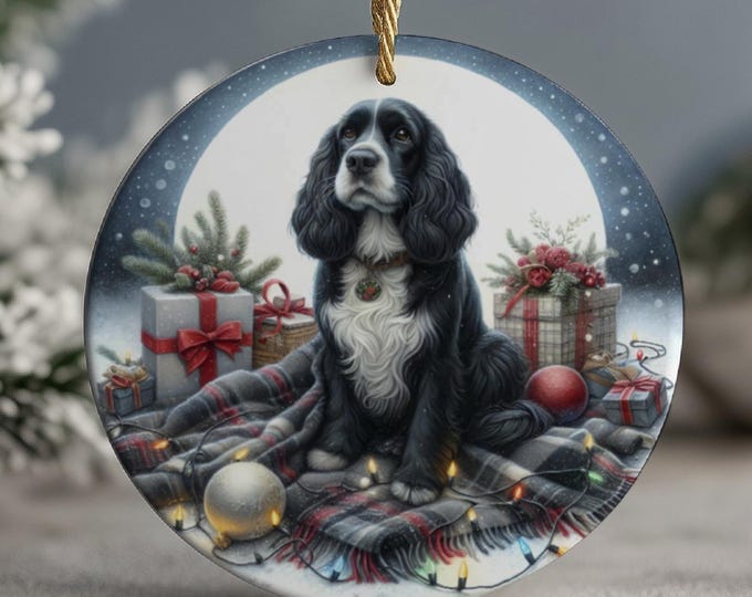 Black & White Cocker Spaniel  Christmas Tree Ornament, Ceramic, Design on Both Sides