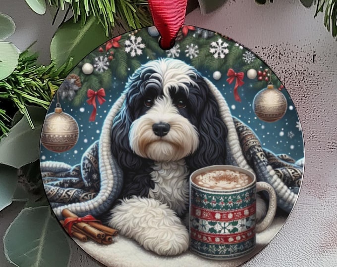 Black and White Cockapoo Christmas Tree Ornament, Ceramic Double-Sided Printed