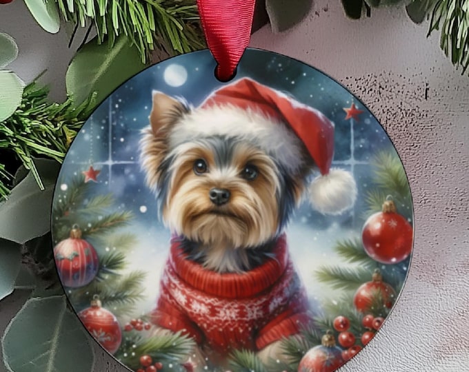 Yorkshire Terrier Christmas Tree Ornament, Ceramic Double-Sided Printed