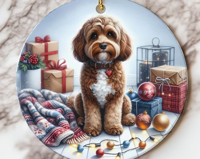 Red and White Cavapoo Christmas Tree Ornament, Ceramic, Design on Both Sides
