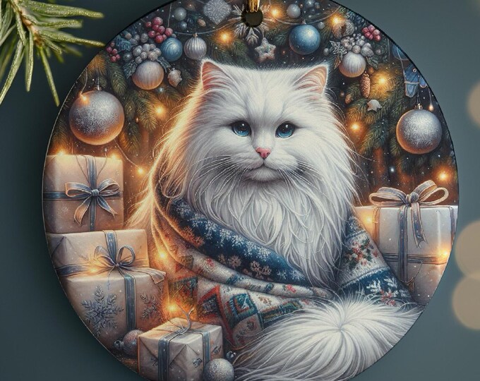 White Cat Ceramic Christmas Tree Ornament, Double Sided Printed