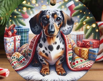 Dachshund Christmas Tree Ornament, Ceramic, Design on Both Sides
