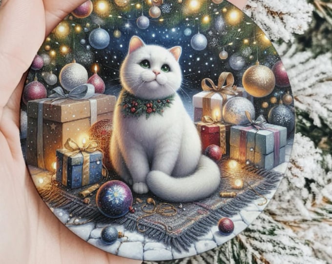 White Cat Ceramic Christmas Tree Ornament, Double Sided Printed