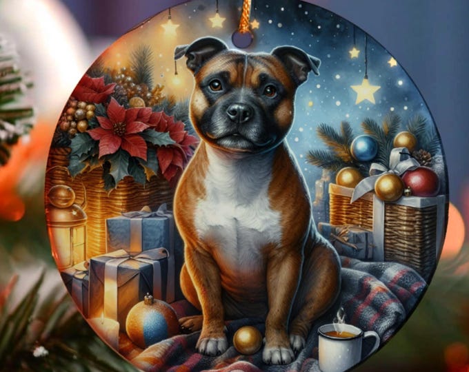 Staffordshire Bull Terrier Christmas Tree Ornament, Ceramic Double-Sided Printed