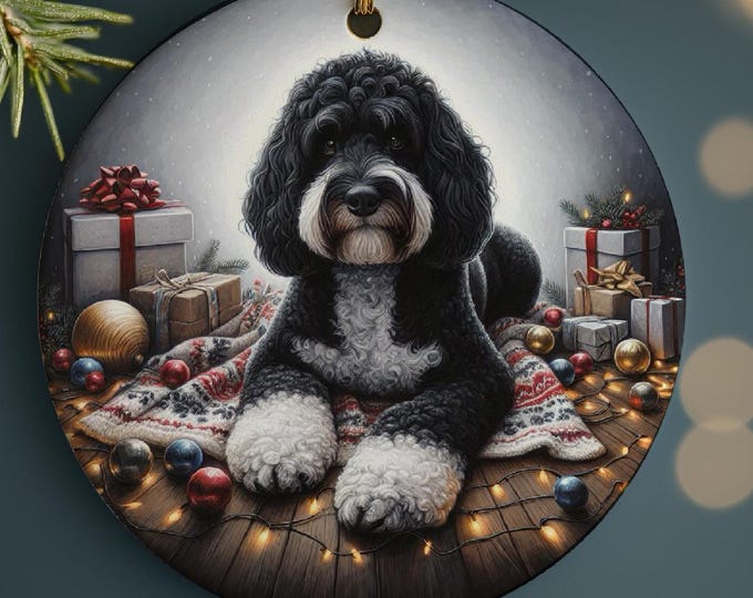 Black and White Cockapoo Christmas Tree Ornament, Ceramic Double-Sided Printed