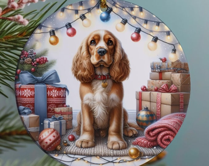 Orange & White Cocker Spaniel  Christmas Tree Ornament, Ceramic, Design on Both Sides