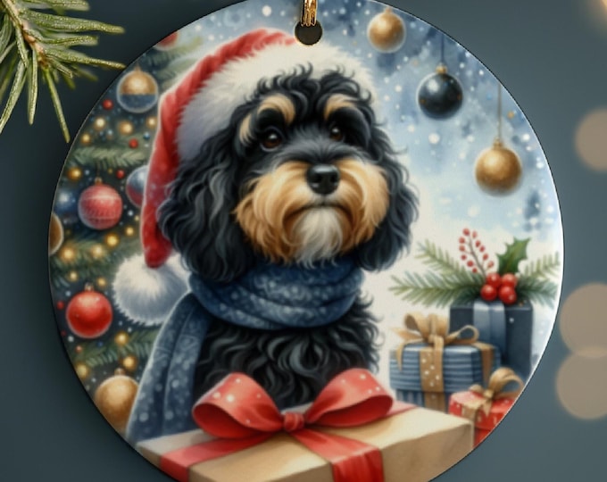 Black and Tan Cockapoo Christmas Tree Ornament, Ceramic Double-Sided Printed