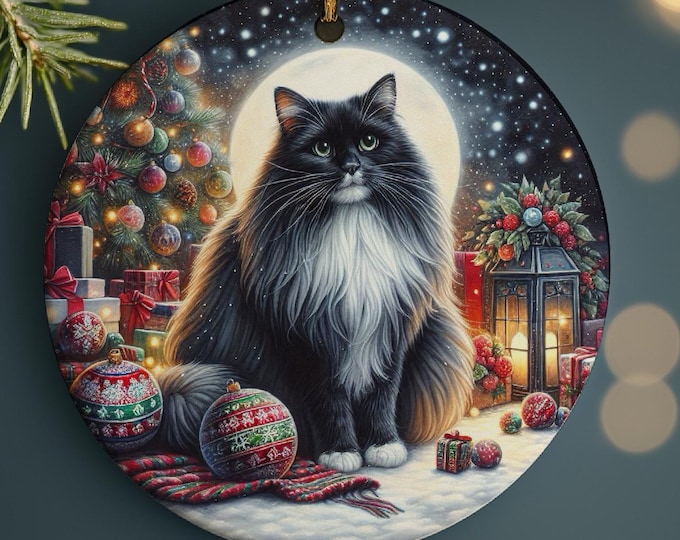 Black Cat Ceramic Christmas Tree Ornament, Double Sided Printed