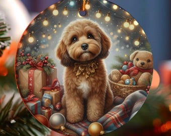 Red Cavapoo Christmas Tree Ornament, Ceramic, Design on Both Sides