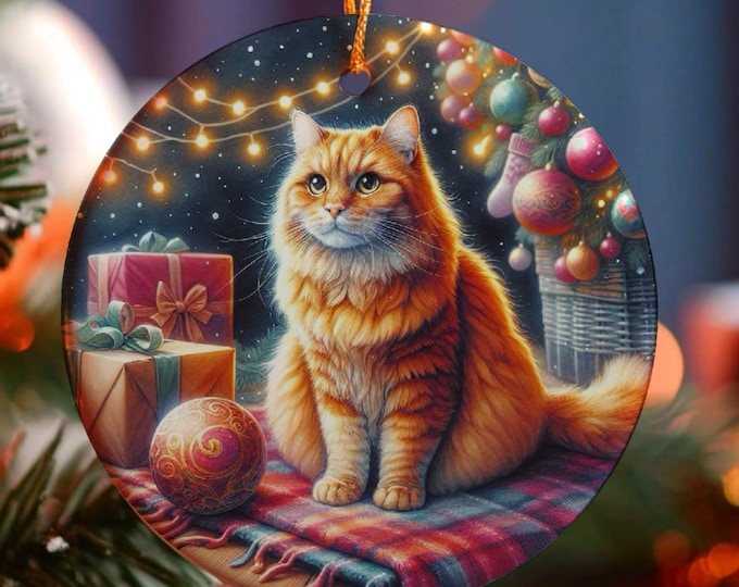 Ginger Cat Ceramic Christmas Tree Ornament, Double Sided Printed