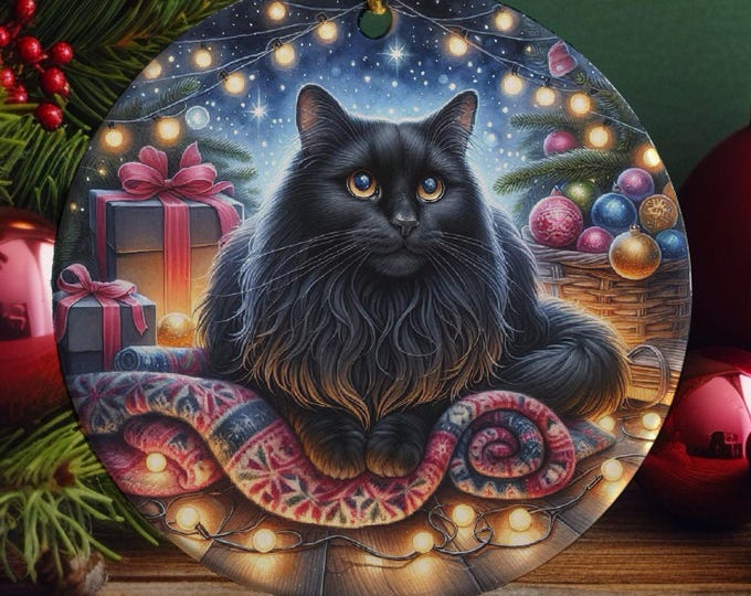 Black Cat Ceramic Christmas Tree Ornament, Double Sided Printed