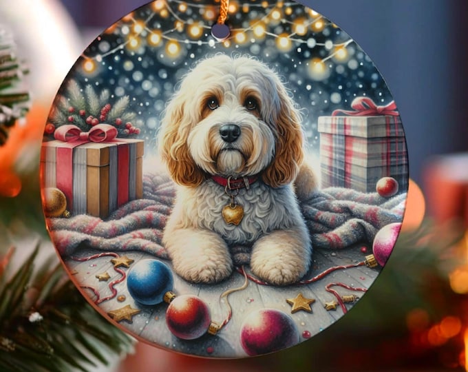 Cream and White Cockapoo Christmas Tree Ornament, Ceramic Double-Sided Printed