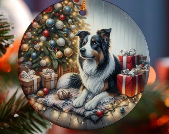 Border Collie Christmas Tree Ornament, Ceramic Double-Sided Printed
