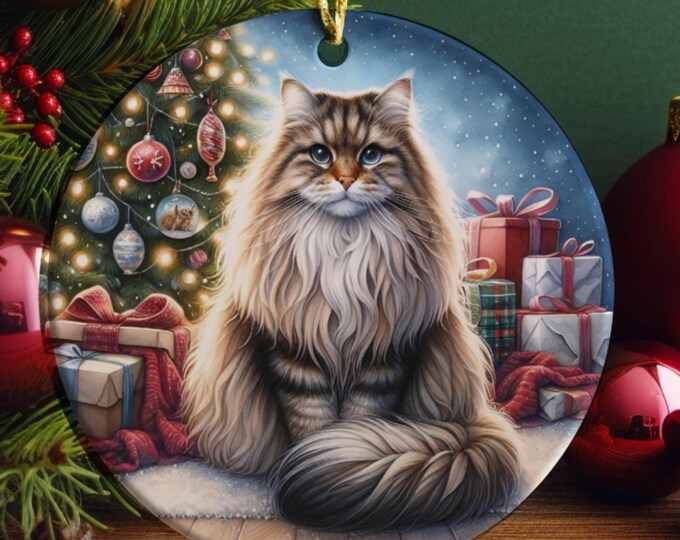 Tabby Cat Ceramic Christmas Tree Ornament, Double Sided Printed