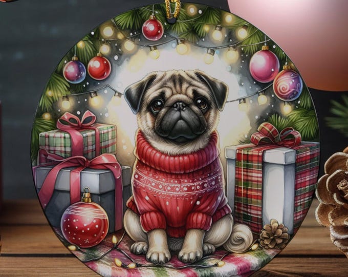 Pug Christmas Tree Ornament, Ceramic Double-Sided Printed