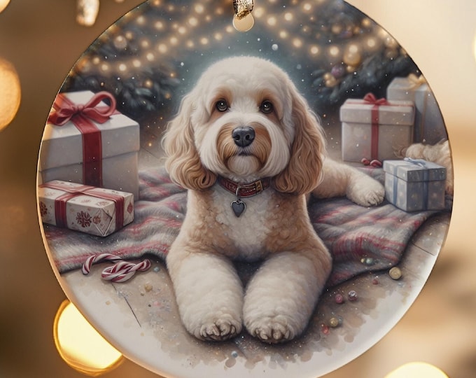 Cream and White Cockapoo Christmas Tree Ornament, Ceramic Double-Sided Printed