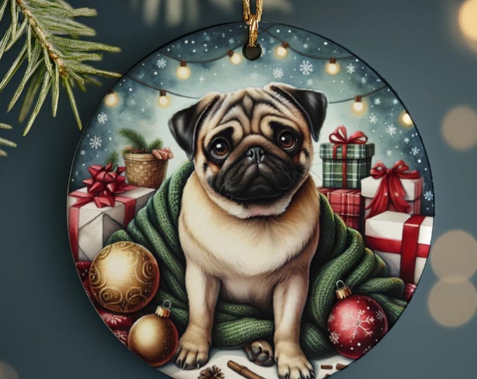 Pug Christmas Tree Ornament, Ceramic Double-Sided Printed