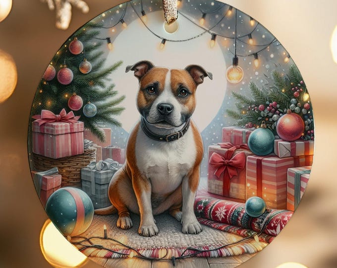 Staffordshire Bull Terrier Christmas Tree Ornament, Ceramic Double-Sided Printed
