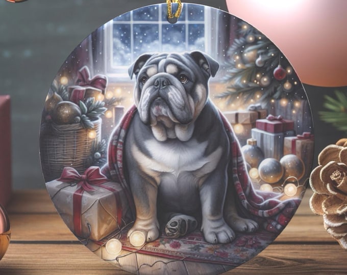 British Bulldog Ceramic Christmas Tree Ornament, Double Sided Printed