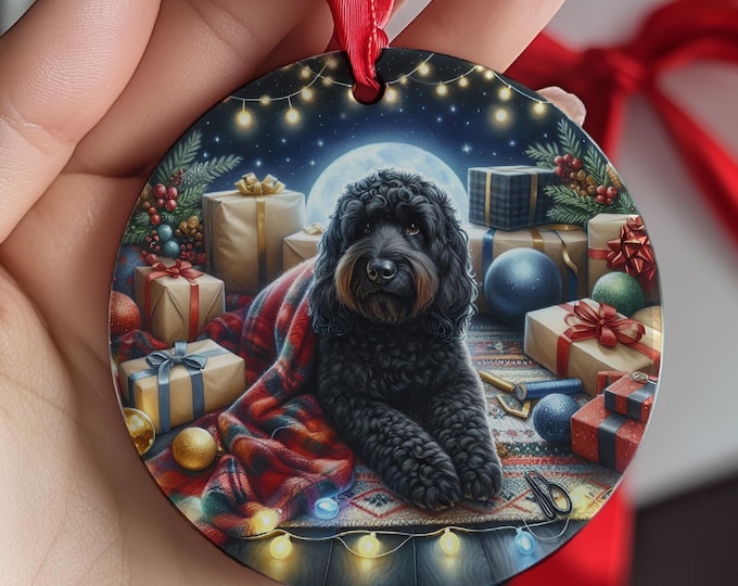 Black Labradoodle Ceramic Christmas Tree Ornament, Double Sided Printed