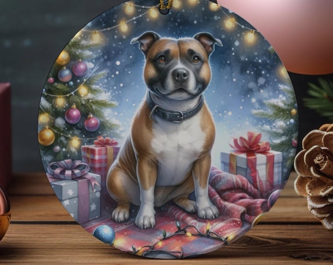 Staffordshire Bull Terrier Christmas Tree Ornament, Ceramic Double-Sided Printed
