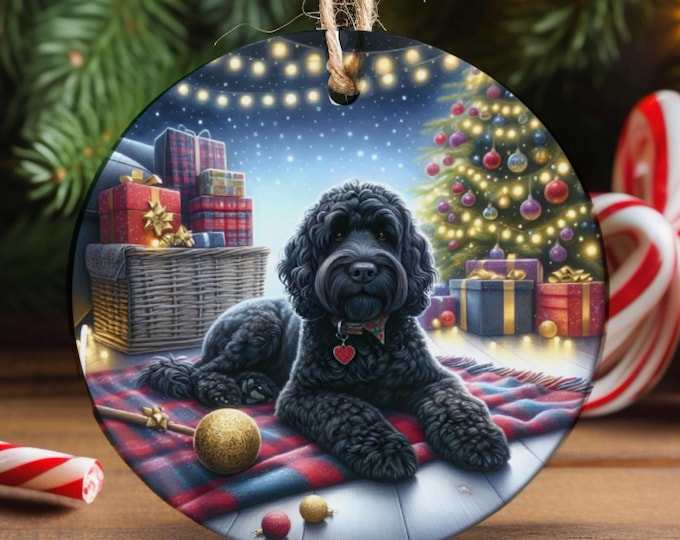 Black Labradoodle Ceramic Christmas Tree Ornament, Double Sided Printed