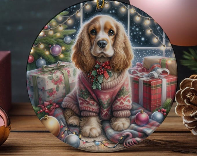 Tan & White Cocker Spaniel  Christmas Tree Ornament, Ceramic, Design on Both Sides