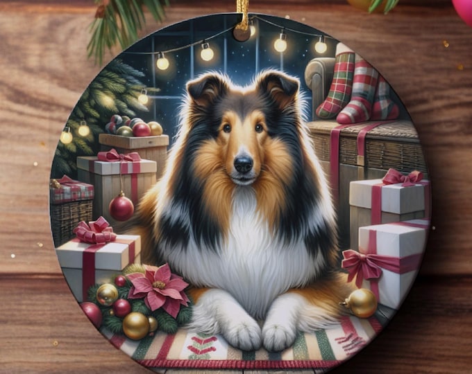 Rough Collie Christmas Tree Ornament, Ceramic Double-Sided Printed
