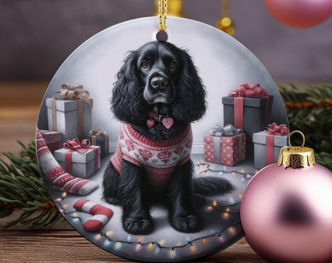 Black Cocker Spaniel  Christmas Tree Ornament, Ceramic, Design on Both Sides