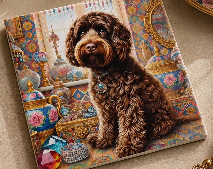 Chocolate Cockapoo Victorian Jewel Dog Coaster – Glossy Ceramic with Cork Back, Dog Lover Gift