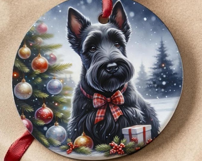 Scottish Terrier Christmas Tree Ornament, Ceramic, Double-Sided Print & Gift Bag
