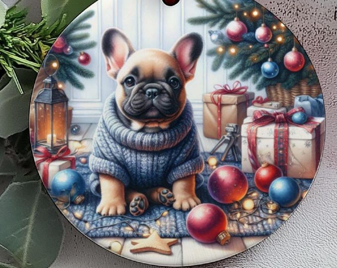 French Bulldog Christmas Tree Ornament, Ceramic, Double-Sided Printed & Gift Bag