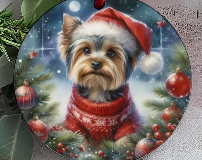 Yorkshire Terrier Christmas Tree Ornament, Ceramic, Double-Sided Print & Gift Bag