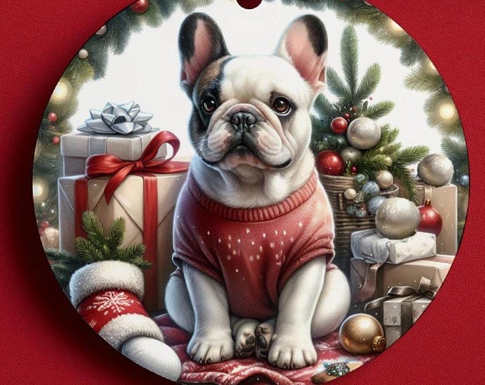 French Bulldog Christmas Tree Ornament, Ceramic, Double-Sided Printed & Gift Bag