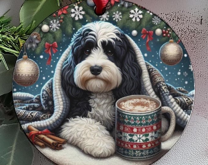 Black and White Cockapoo Christmas Tree Ornament, Ceramic, Double-Sided Printed