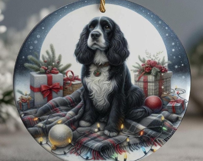 Black and White Cocker Spaniel Christmas Ornament, Ceramic Double-Sided Printed