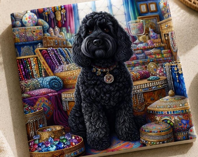 Black Cockapoo Coaster – Victorian Jewel Dog Art, Glossy Ceramic with Cork Back