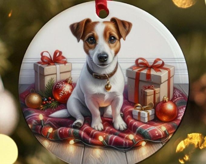 Jack Russell Christmas Tree Ornament, Ceramic, Double-Sided Printed & Gift Bag