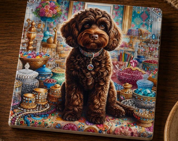 Chocolate Cockapoo Coaster – Victorian Jewel Dog Art, Glossy Ceramic Gift
