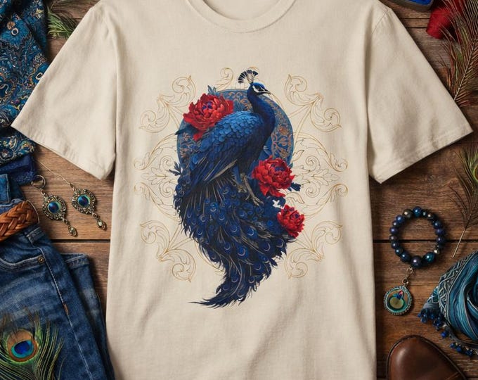 Peacock Floral T-Shirt, Vintage Style Artistic Animal Tee