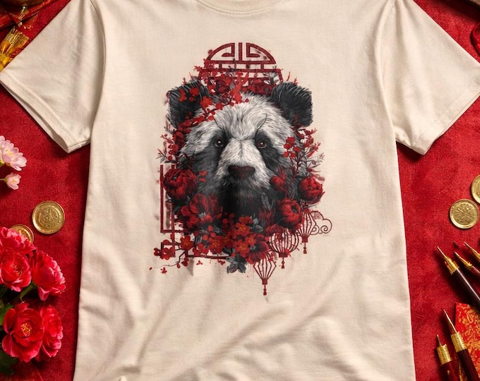 Panda T-Shirt, Red Floral Panda , Asian Inspired Graphic Tee