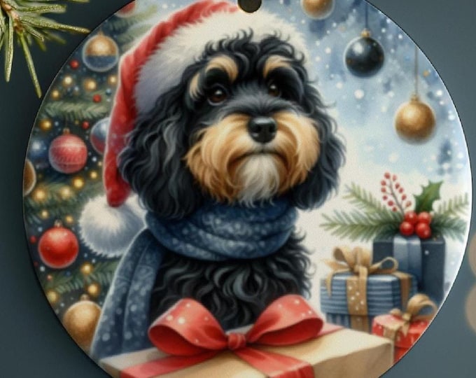 Black and Tan Cockapoo Christmas Tree Ornament, Ceramic, Double-Sided Printed