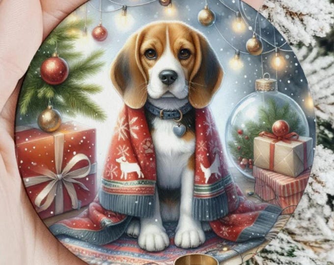 Beagle Christmas Tree Ornament, Ceramic, Double-Sided Print and Gift Bag